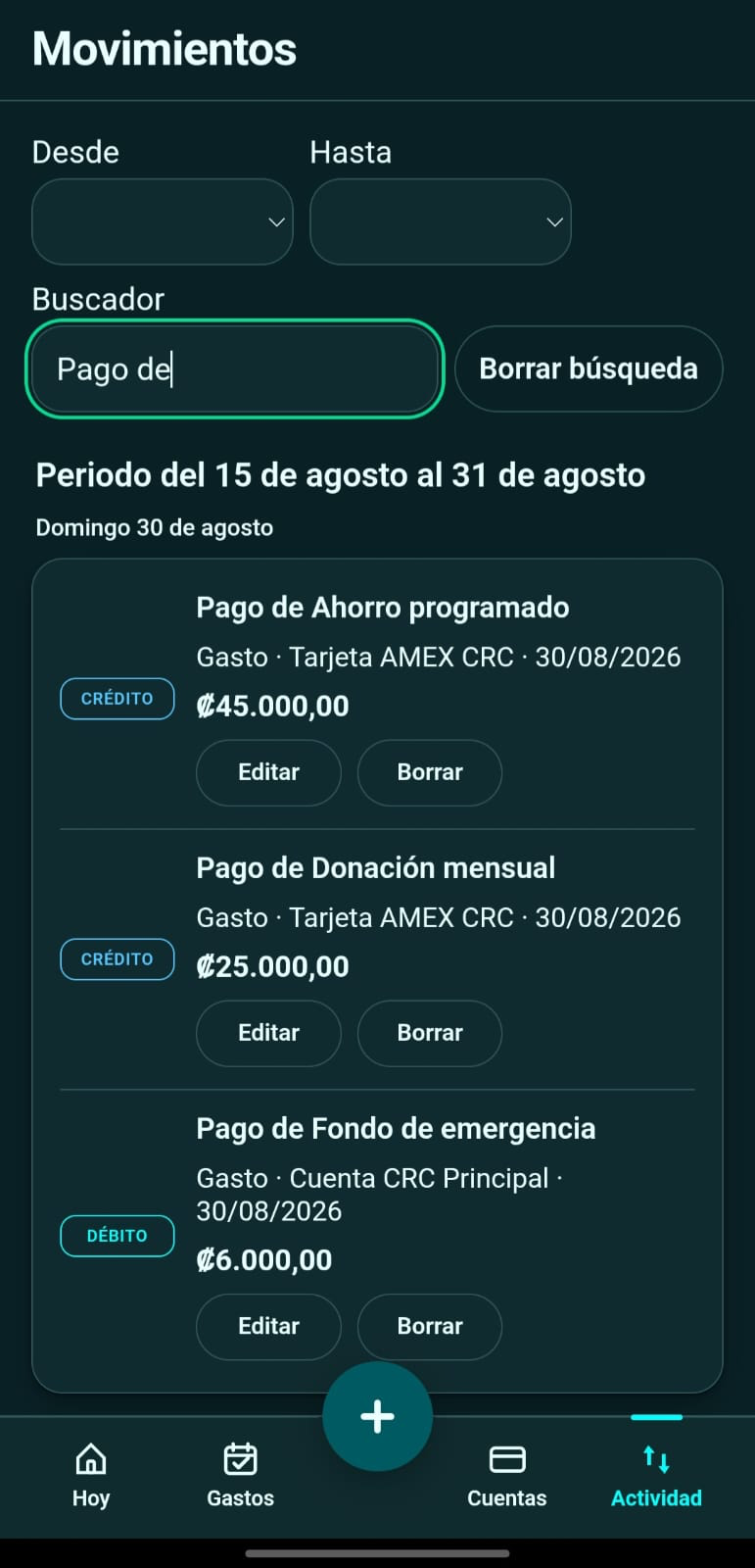 La pantalla de Actividad, con algo escrito en el buscador