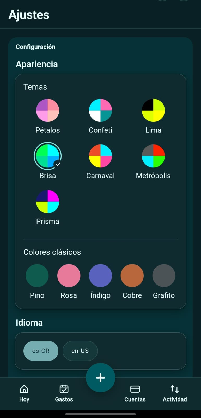 La pantalla de Ajustes, con el selector de temas y colores clásicos