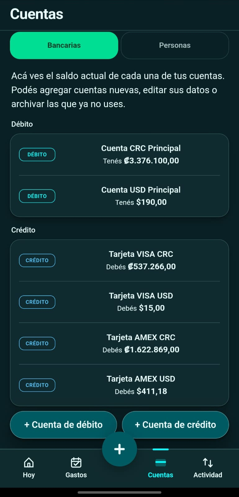 La pantalla de Cuentas, con saldo