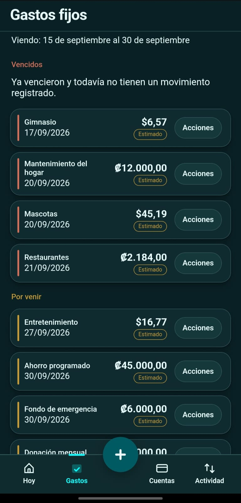 La pantalla de Gastos fijos, vencidos y por venir