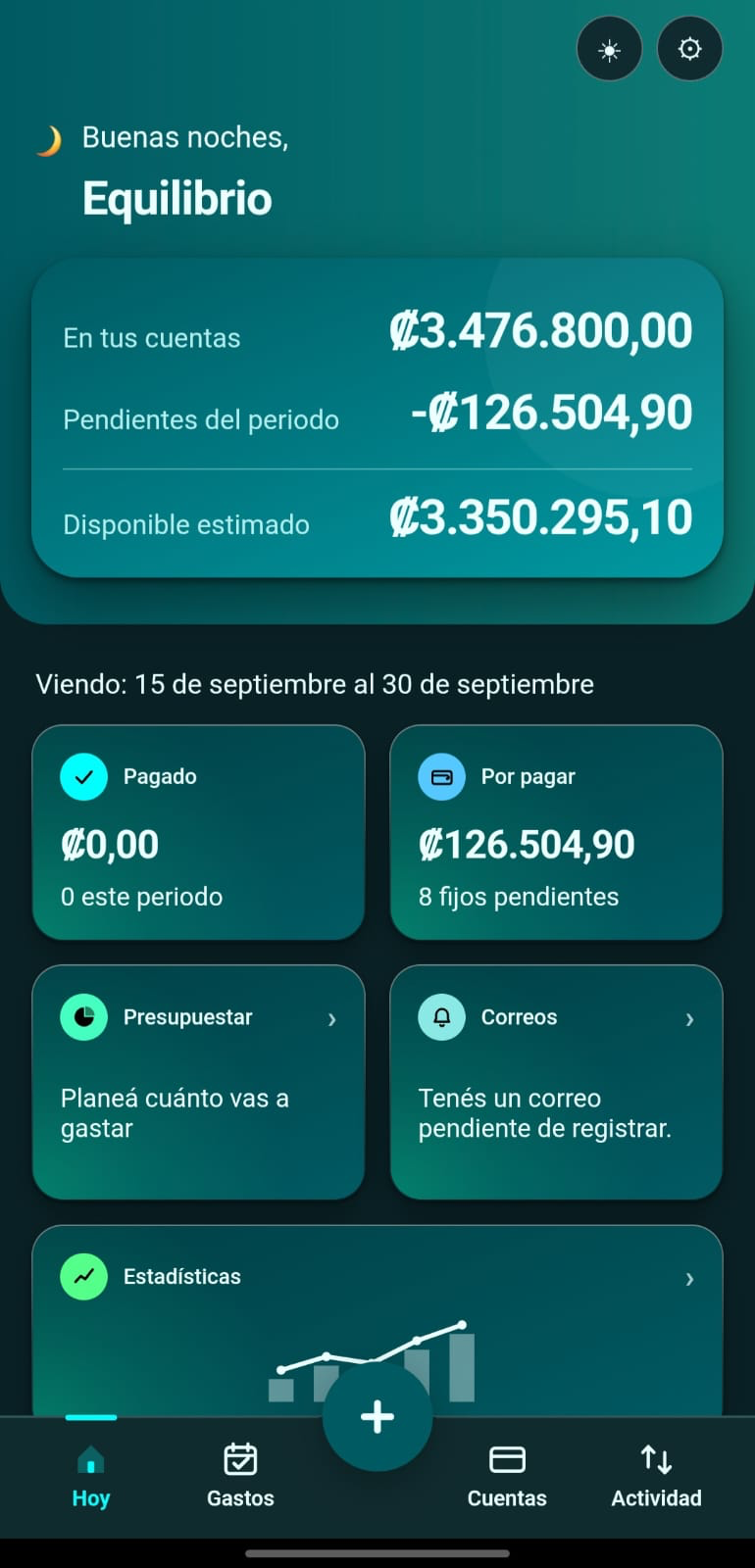 La pantalla Hoy de Equilibrio