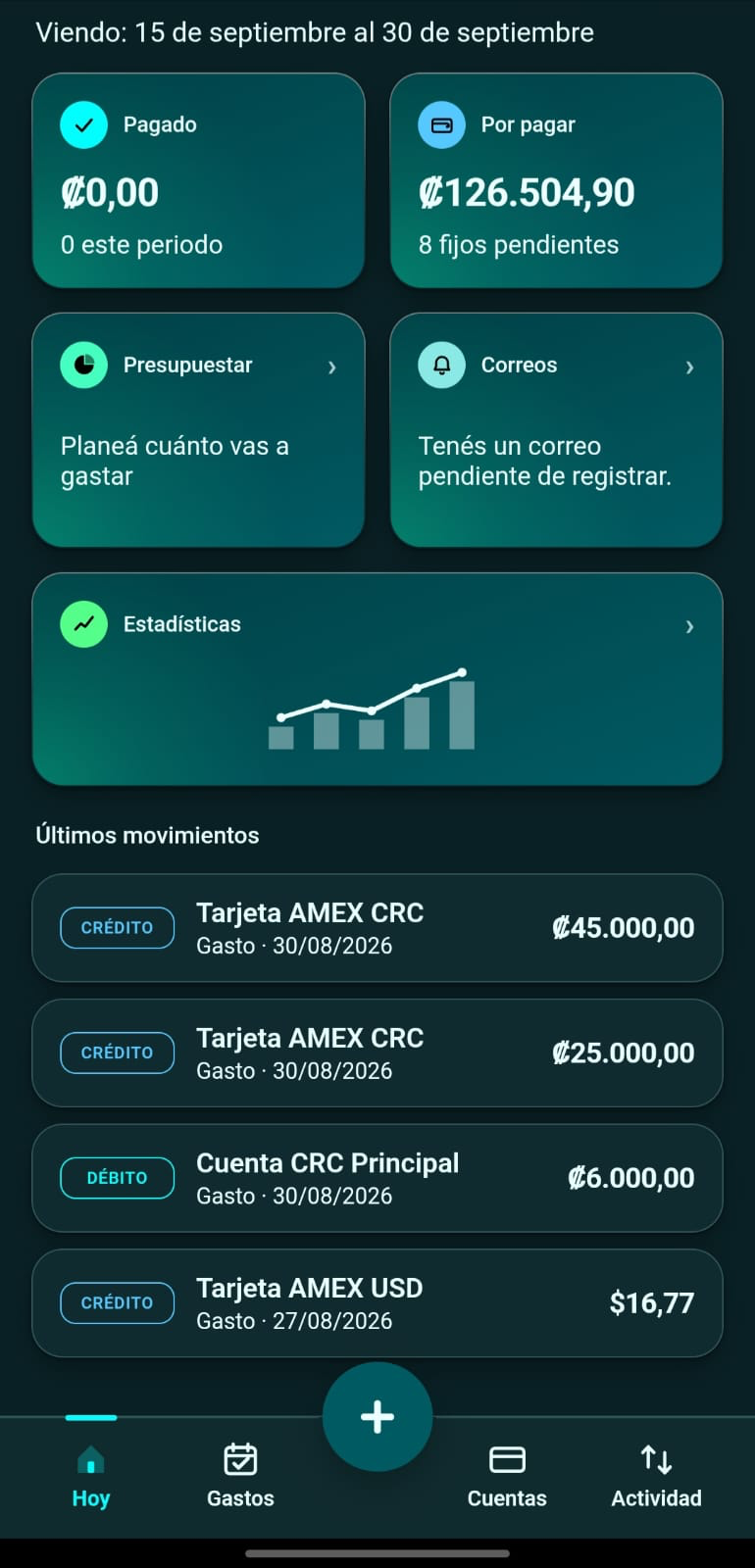 La pantalla Hoy, con las cinco fichas visibles